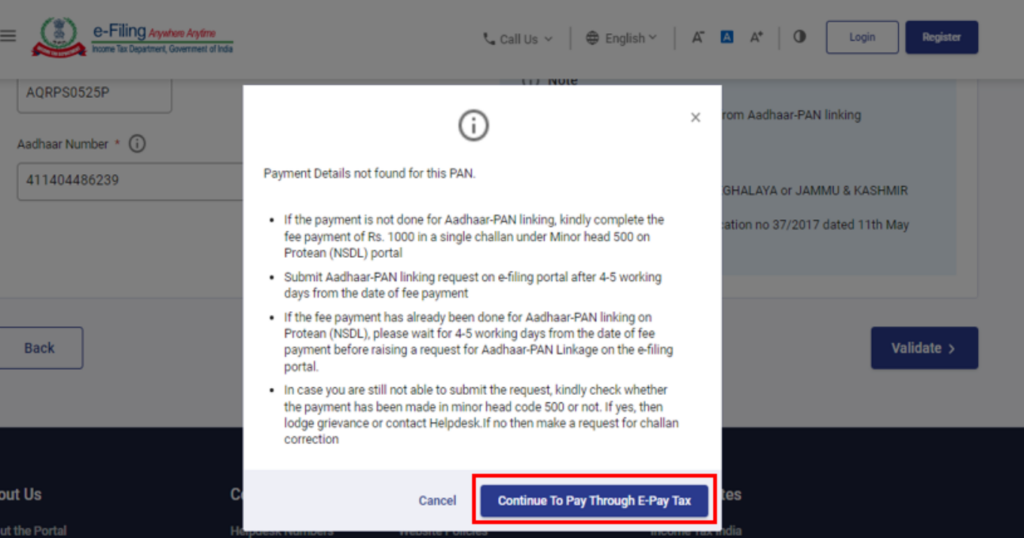 link on the “continue to pay through e-pay tax