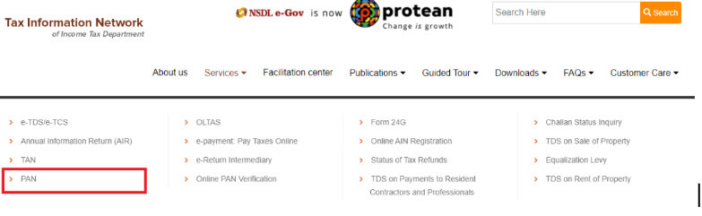 Visit the official website of NSDL and select PAN from menu